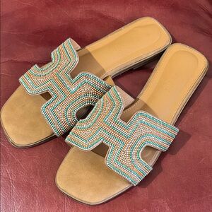 Madden Girl Tan Beaded Slide Sandals with Turquoise & Peach Beading
